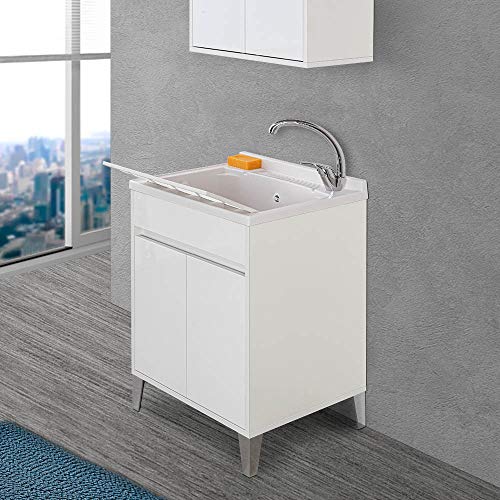 Inbagno Mobile Lavanderia Con Lavatoio In Resina Linea Way, L.59,3Xp.49,8Xh.85,5 Cm, 3 Colorazioni Disponibili, Include Asse Lavapanni E Kit Sifone+Pi