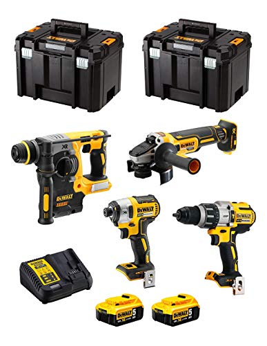 Dewalt Kit Dwk401 (Trapano A Percussione Dcd996 + Tassellatore Dch273 + Mini-Smerigliatrice Dcg405 + Avvitatore Ad Impulsi Dcf887 + 2 Batterie 5,0 Ah 