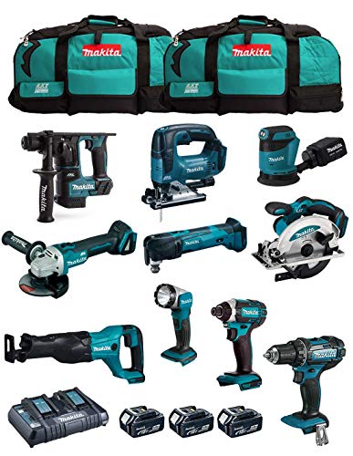 Makita Kit Mk1001 (Ddf482 + Dhr171 + Dga504 + Dtd152 + Djv182 + Dss610 + Djr186 + Dbo180 + Dtm51 + Dml802 + 3 Batterie 5,0 Ah + Caricabatterie + 2 X L