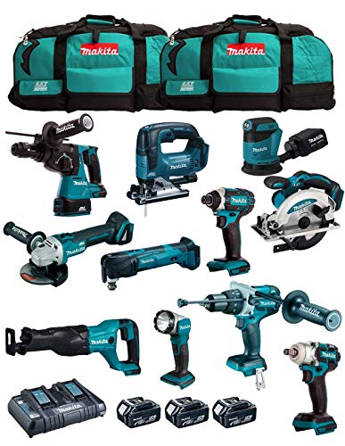 Makita Kit Mk1102 (Dhp481 + Dhr243 + Dga504 + Dtd152 + Djv182 + Dss610 + Djr186 + Dbo180 + Dtm51 + Dml802 + Dtw285 + 3 Batterie 5,0 Ah + Caricabatteri