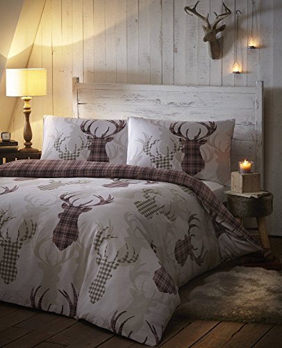 De Cama, Set Copripiumino Matrimoniale, Motivo Tartan Con Cervi, Colore: Neutro/Marrone, 1 Pezzo