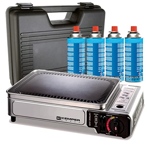 Kemper - Piastra A Gas Portatile 2300 W Piastra Antiaderente + 4 Cartucce Gas Campeggio + Valigia Di Trasporto