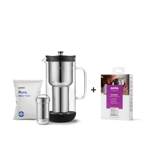 Aarke Purificatore Caraffa Filtrante Brevettata In Vetro E Acciaio Inox, 2.4L + Sacchetti Di Ricarica Per Filtri Arricchito Da 3 Pezzi