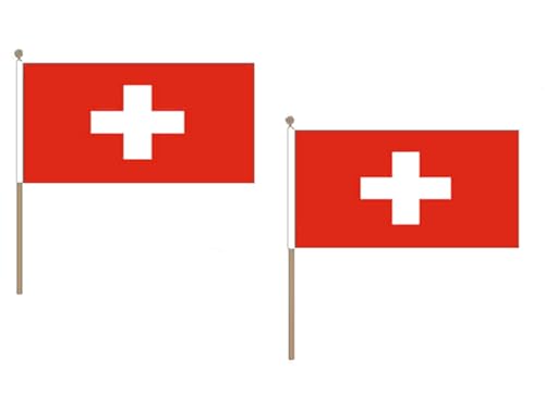 Az Flag Pacco 10 Bandiere Svizzera 45X30Cm Con Asta Di Legno - Bandiera Svizzera 30 X 45 Cm