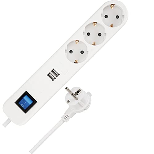 Rev Ice - Ciabatta Elettrica Con Usb, 3 Prese, Usb, 2 X Usb, Caricabatterie, 1,4 M, Max. 3680 W, Colore: Bianco