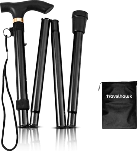 Travelhawk Bastone Da Passeggio Nero - Bastone Per Anziani Pieghevole Bastone Da Trekking Da Passeggio Regolabile In Altezza Per Uomini, Donne Per Cam
