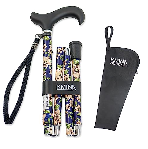 Kmina Pro - Bastone Da Passeggio Pieghevole Per Anziani Donna. Bastone Elegante, Motivo A Fiori Blu