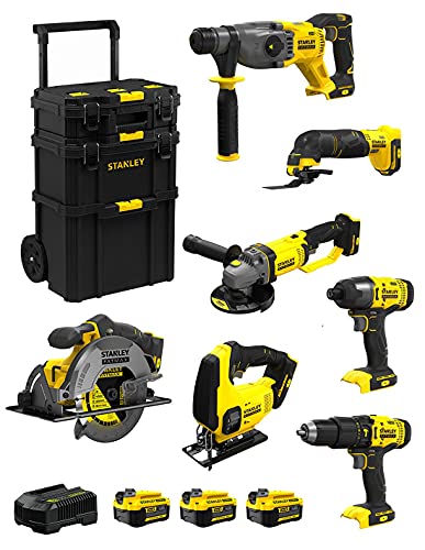 Stanley Fatmax Kit Svk709 (Sfmch900 + Sfmcg400 + Sfmcd711 + Sfmcf800 + Sfmcs500 + Sfmcs600 + Sfmce500 + 3 Batterie 4,0 Ah + Caricabatteria + Caddy 3In