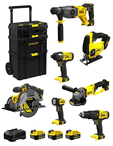 Stanley Fatmax Kit Svk701 (Sfmch900 + Sfmcg400 + Sfmcd711 + Sfmcf800 + Sfmcs500 + Sfmcs600 + Sfmcl020 + 3 Batterie 4,0 Ah + Caricabatteria + Caddy 3In
