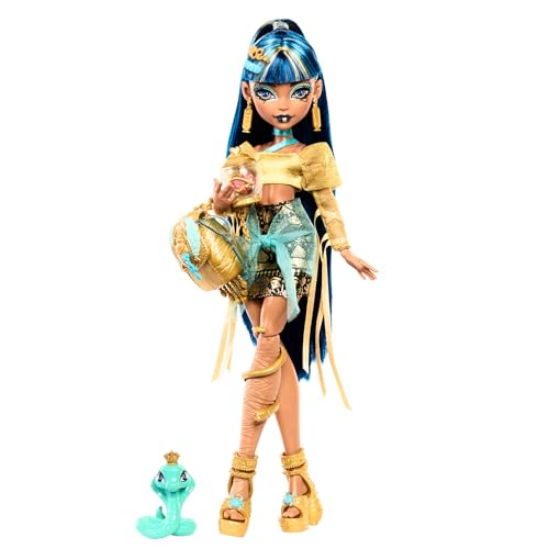 Monster High - Cleo De Nile, Bambola Con Camicetta Dorata E Gonna A Strati, Cucciolo Di Cobra Hissette E Accessori Come Zaino, Snack E Pergamena Inclu