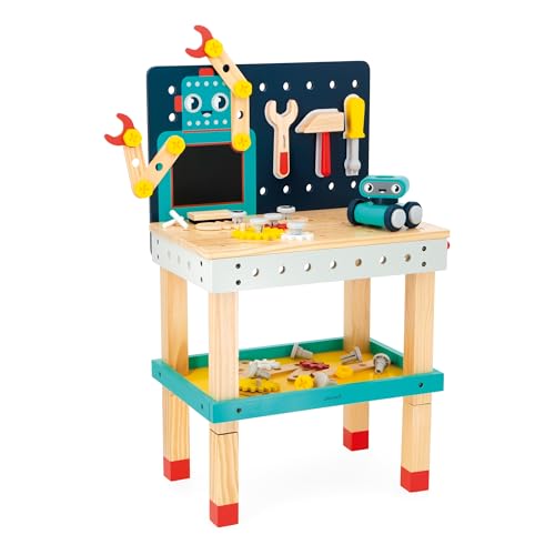Janod - Grande Banco Da Lavoro Robot Brico'Kids - Set Bricolage Per Bambini - 51 Accessori + 3 Utensili + 1 Robot - Gioco Di Imitazione - Sviluppa Le