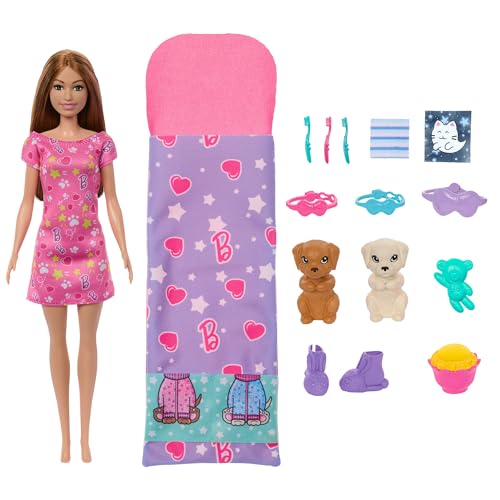 Barbie - Pigiama Party Per Cuccioli, Playset Con Bambola E 2 Cuccioli, 10 Accessori Con Effetto Cambia Colore Inclusi, Sacco A Pelo E Mascherine, Gioc