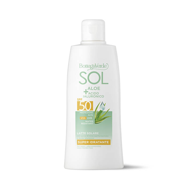 Bottega Verde SOL Aloe Acido Ialuronico - Latte solare - super idratante - con succo di Aloe iperfermentato e Acido Ialuronico - protezione alta SPF50