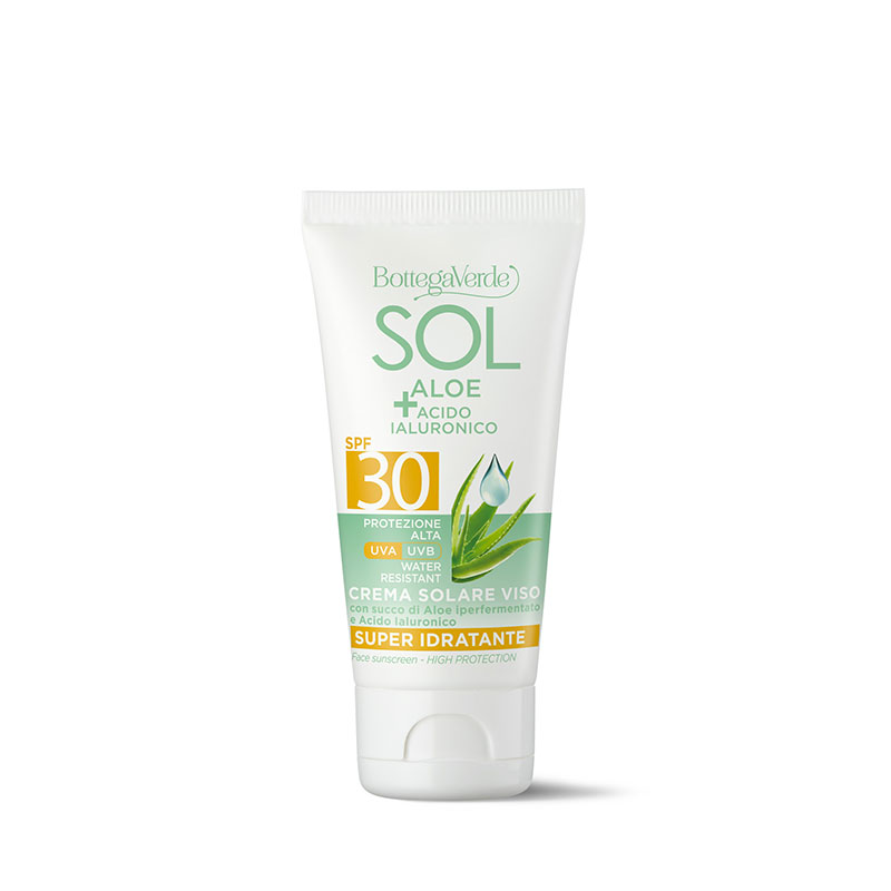 Bottega Verde SOL Aloe Acido Ialuronico - Crema solare viso - super idratante - con succo di Aloe iperfermentato e Acido Ialuronico - protezione alta 