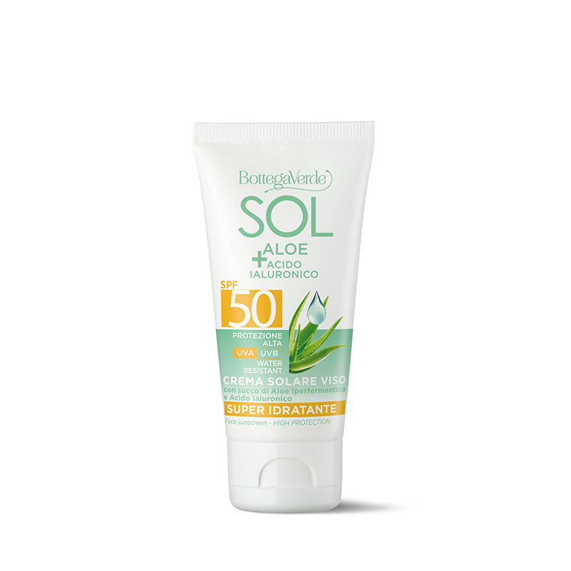 Bottega Verde SOL Aloe Acido Ialuronico - Crema solare viso - super idratante - con succo di Aloe iperfermentato e Acido Ialuronico - protezione alta 