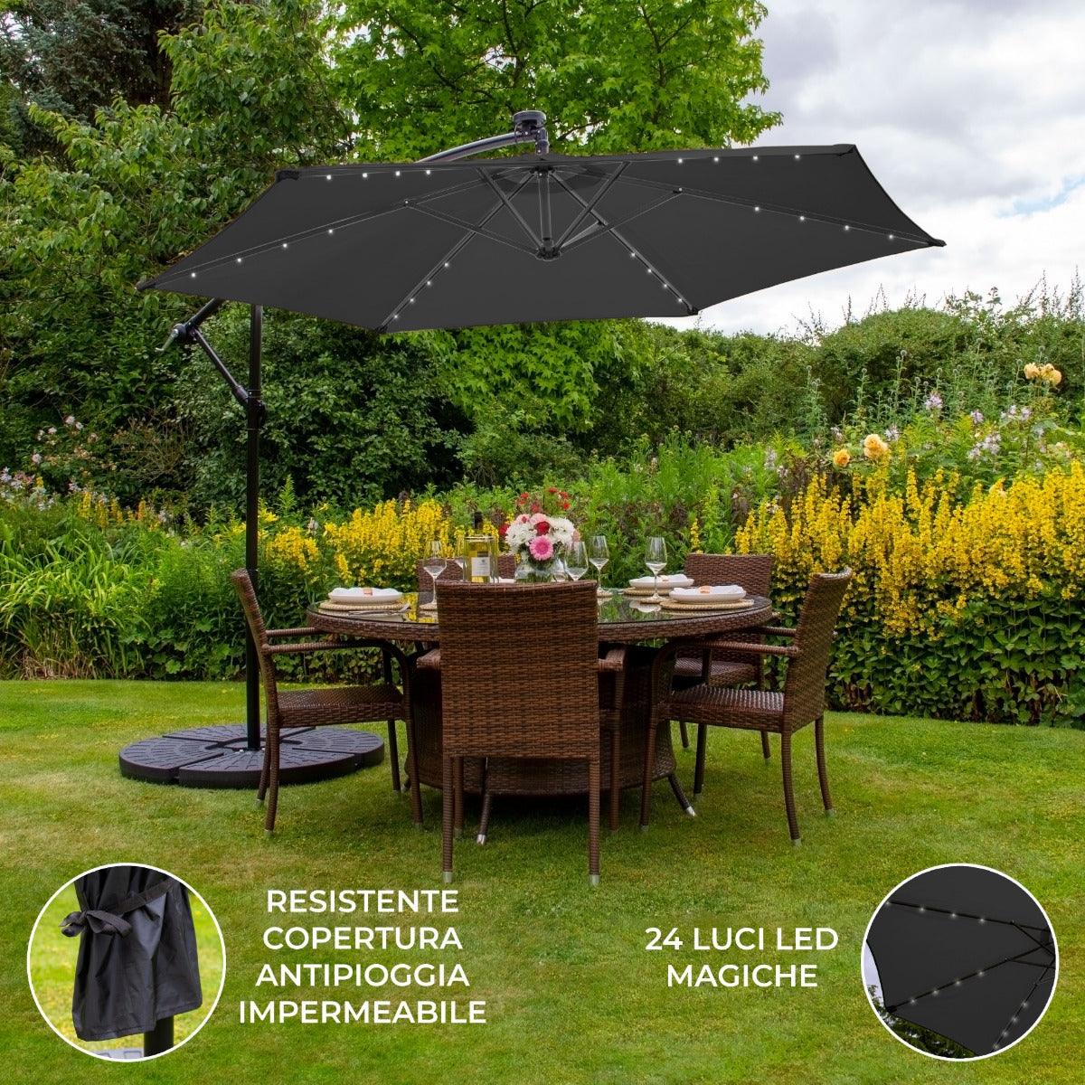 Ombrellone da giardino decentrato 3x3m 24 led solari & base tonda - grigio