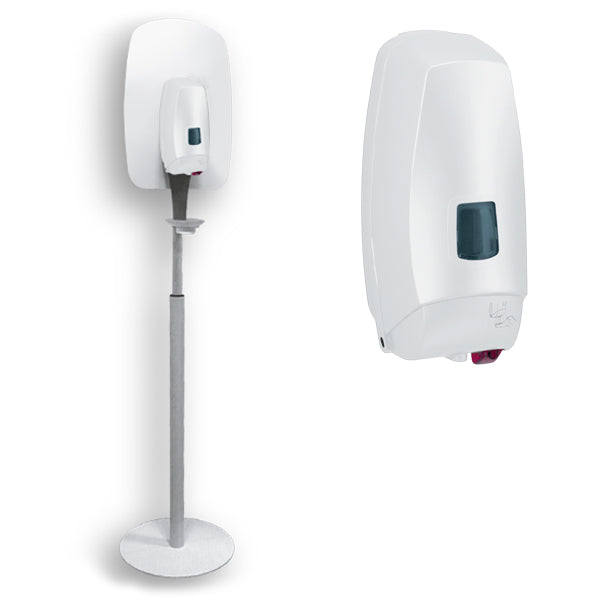 Dispenser automatico su piantana autoportante in metallo per gel igienizzante mani. con salvagoccia. capienza 1 litro.