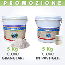 5 kg di cloro granulare in polvere + 5 kg di cloro in pastiglie