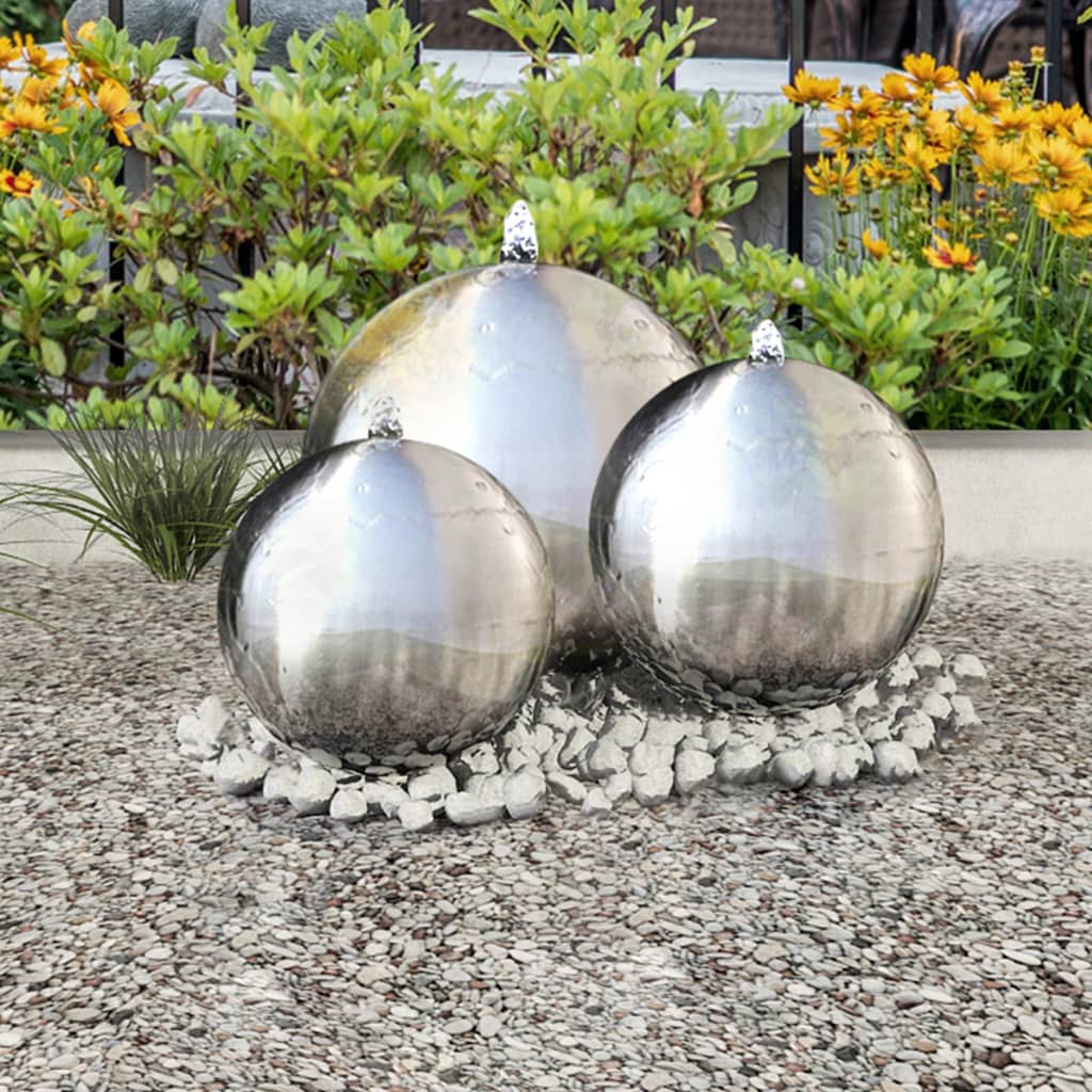 Fontane da giardino a sfera 3 pz con led in acciaio inox 30 cm cod mxl 64517