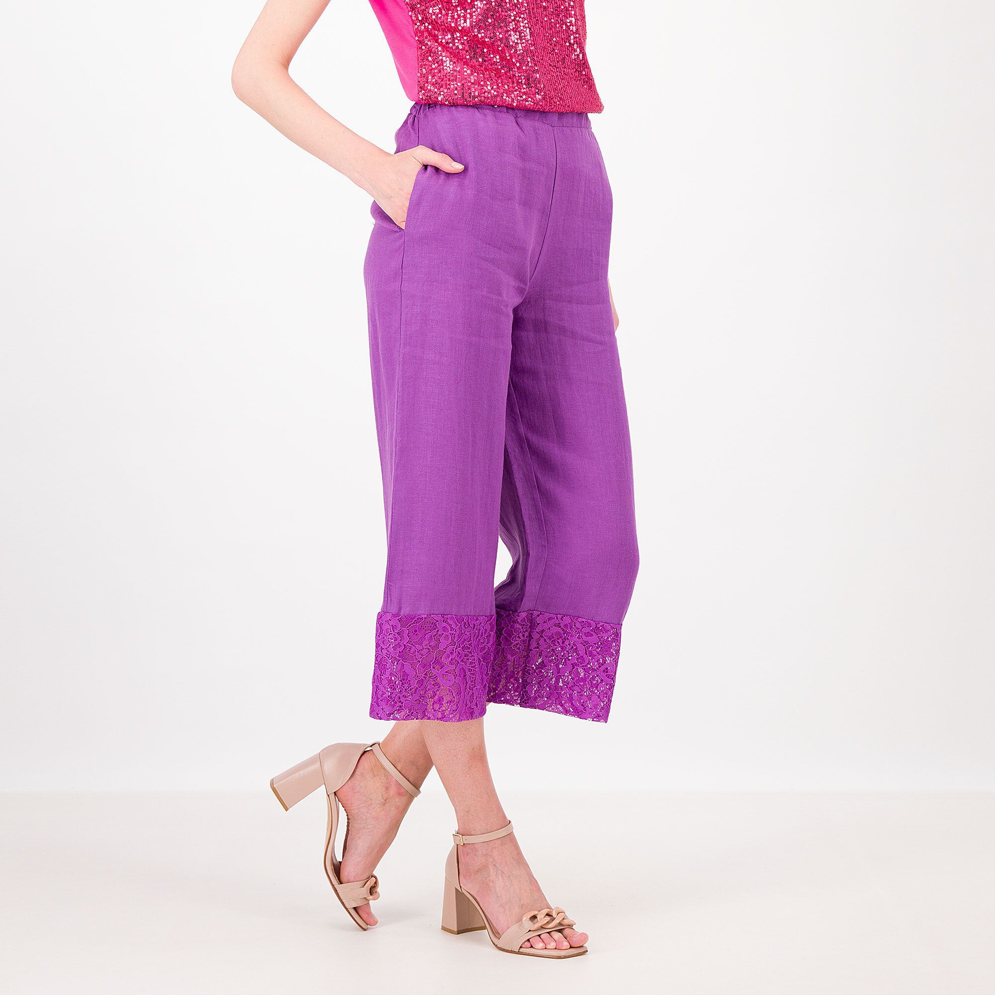 Caterina Lancini Pantaloni in lino con inserto in pizzo