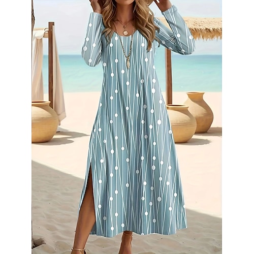 Per donna Vestito longuette Abito a pois A pois Classico Ufficio Giornaliero Spacco Manica lunga Girocollo Vestito Standard Azzurro cielo Autunno S M 