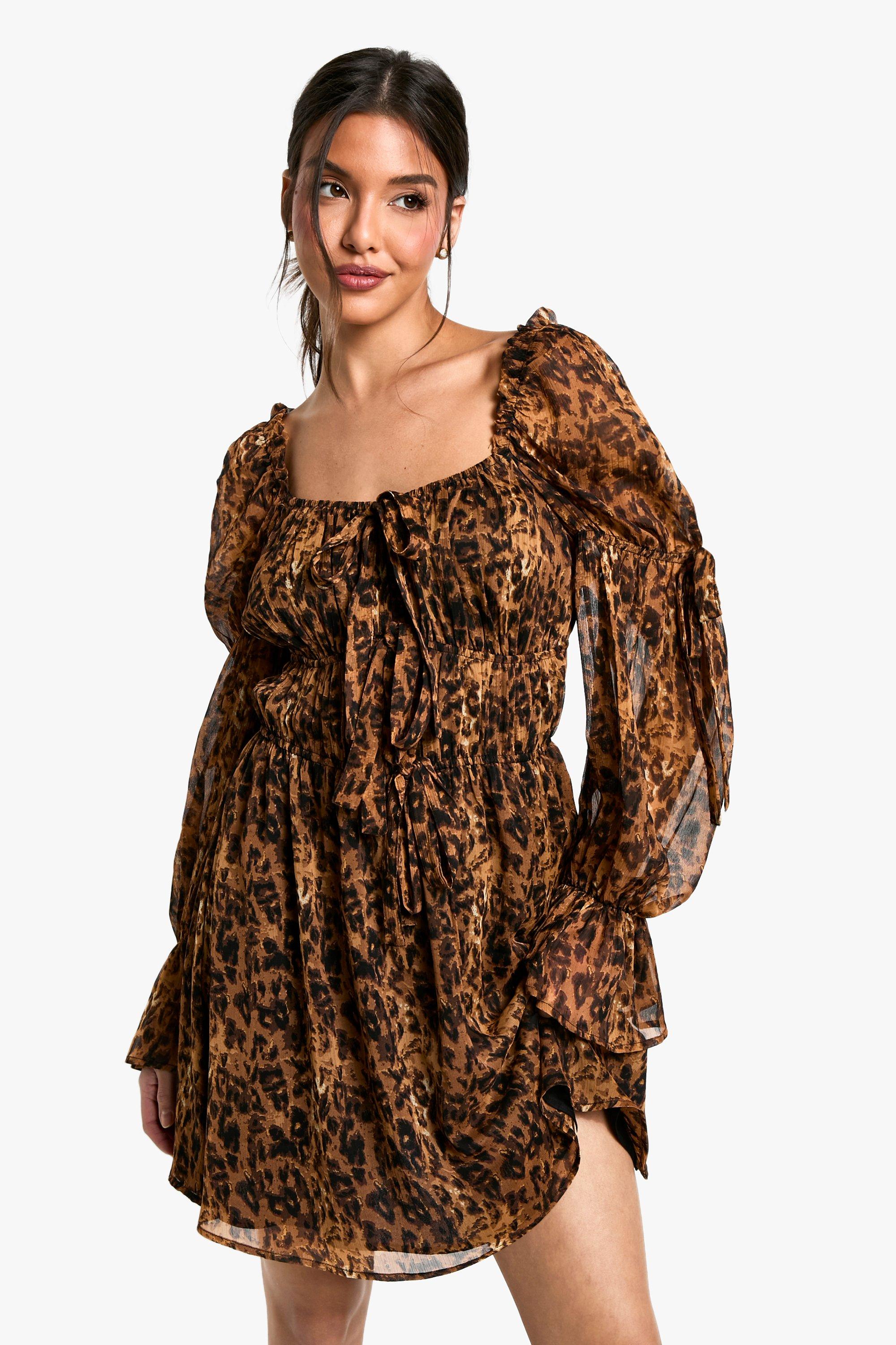 Miniabito Milkmaid in chiffon leopardato, Multi