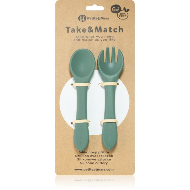 Petite&Mars Take&Match Silicone Cutlery Sztućce Misty Green 6 M+ 2 Szt.