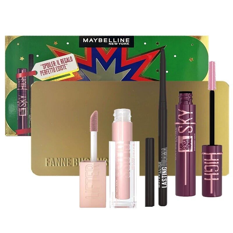 Maybelline mascara Sky High burgundy+matita occhi automat.+lip gloss+make up box