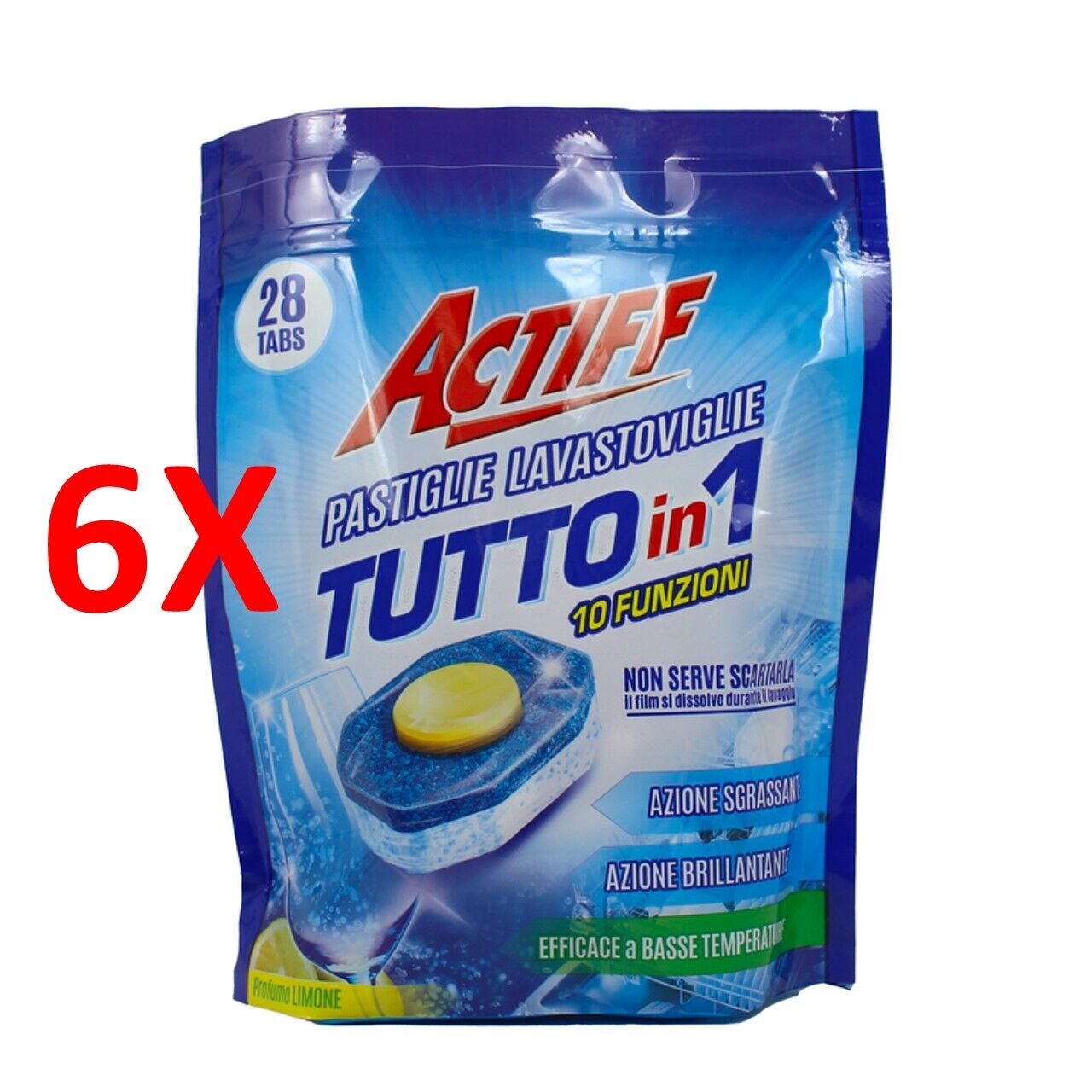6 X Actiff Detersivo Lavastoviglie Pastiglie Tutto In 1 Profumo Limone 28 Tabs