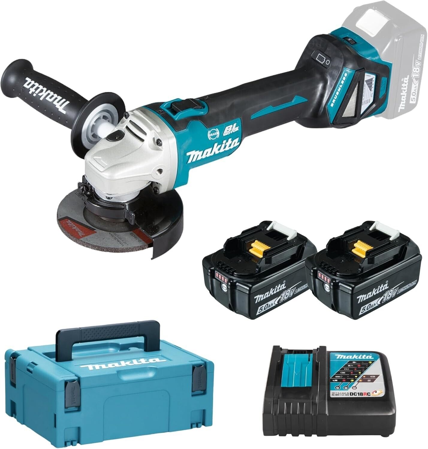 Makita DGA513RTJ smerigliatrice angolare a 2 batteria 18v 5ah regolazione giri