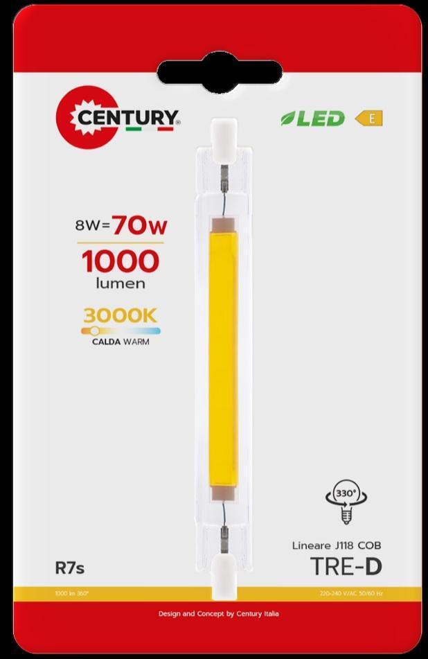 CENTURY LAMPADA  LED TRE-D COB 8W R7S 3000K 1.000 Lm TRCOB-0811830BL