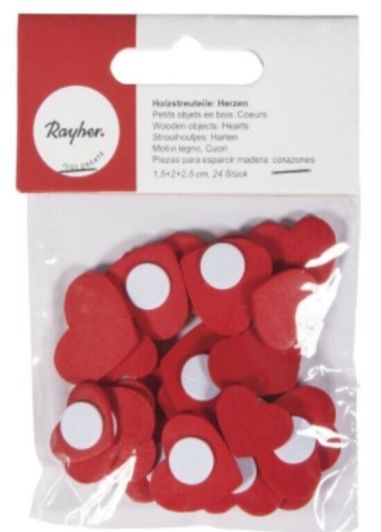RAYHER - 24 PEZZI - CUORI IN LEGNO CON PUNTO ADESIVO 1,5-2,5CM - COLORE ROSSO