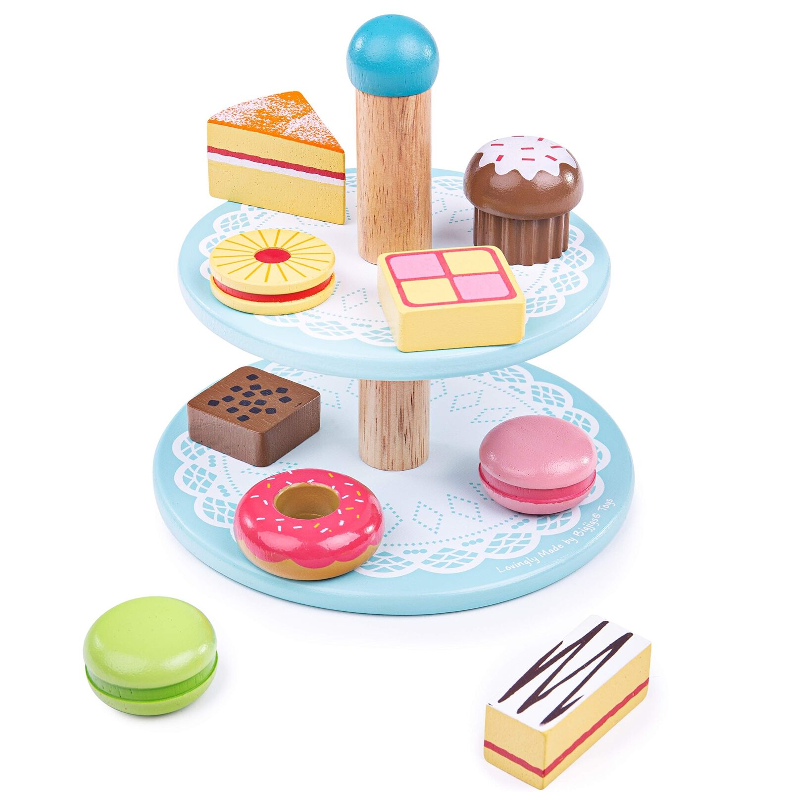 Bigjigs Toys Wooden Cake Stand with 9 Wooden Play Food Cakes - Quality Toy Food