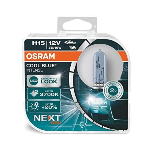 OSRAM COOL BLUE INTENSE H15, +20% più luminosa, fino a 3700K, lampada alogena, l