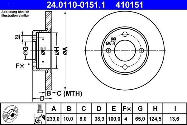 ATE 24.0110-0151.1 - Disco freno singolo anteriore pieno 410151