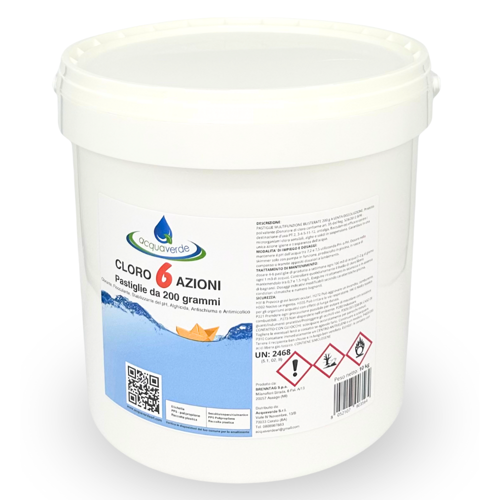 Acquaverde CLORO 6 AZIONI PASTIGLIE 200 gr MULTIFUNZIONE per ACQUA PISCINA 10 kg