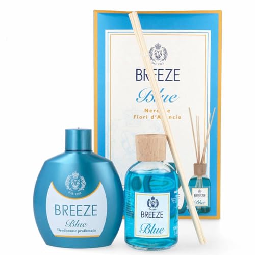 Breeze Confezione Regalo Deodorante Squeeze Blue Neroli E Fiori D'Arancio 100 Ml E Diffusore Per Ambiente Con Bastoncini Blue 100 Ml