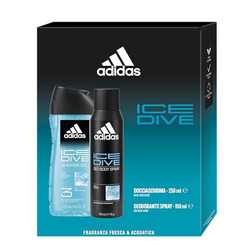 Adidas, Confezione Regalo Uomo Ice Dive Deodorante Spray 150 Ml + Gel Doccia Bagnoschiuma 250 Ml