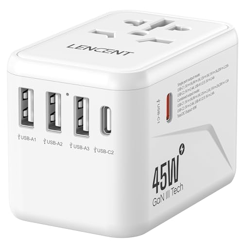 Lencent Adattatore Universale Da Viaggio, Gan Iii 45W Adattatore Caricatore Usb C Rapido, Presa Elettrica Universale Viaggio A Muro Con 3 Usb & 2 Pd,