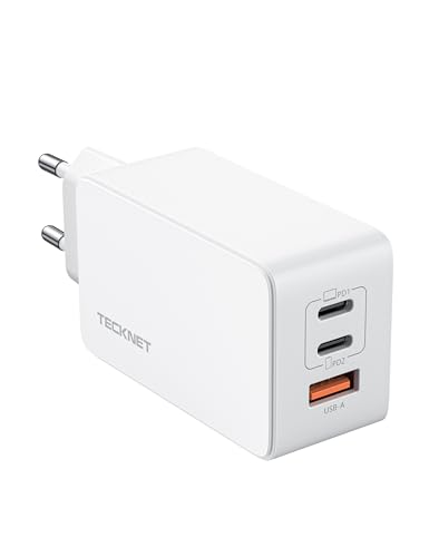 Tecknet Caricatore Usb C 65W, Alimentatore Usb C Gan Pd 3.0 Con 2 Porte Usb C E 1 Porta Usb A, Compatibile Con Iphone 15/14/13, Galaxy S24/S23/S22/S21