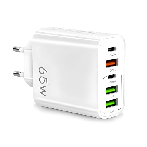 Caricabatterie Rapido Multi Usb C 65W Presa - 2 Usb-C + 2 Usb + 1 Qc 3.0 (5 Porte) Compatibile Con Apple, Iphone, Ipad, Macbook, Android, Samsung, Ecc