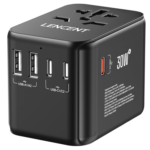 Lencent Adattatore Universale Da Viaggio, Gan3 30W Caricatore Con 2 Porte Usb & 3 Usb-C Pd Ricarica Veloce, Adattatore Spina Alimentazione Mondiale Pe