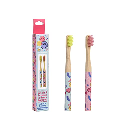 Take Care - Smiley, Set Di 2 Spazzolini Da Denti Per Bambini In Bambù, Cura Dentale, Igiene Dentale, Bambini, Junior, 14,5 Cm
