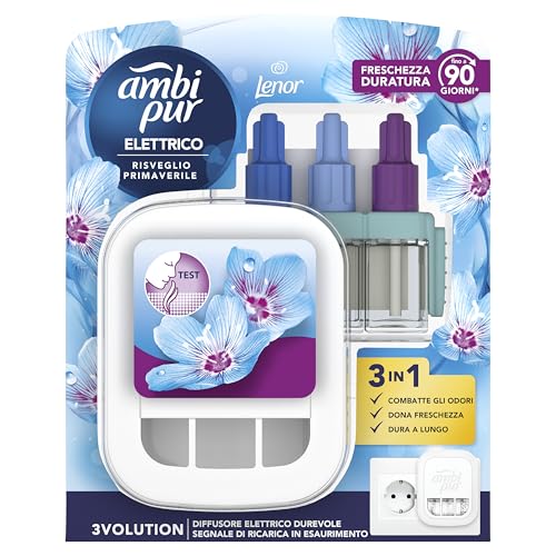 Ambi Pur 3Volution Profumatore Per Ambienti, 1 Diffusore Elettrico Ambiente E 4 Ricariche, Fragranza Risveglio Primaverile, Teconologia Elimina Odori,