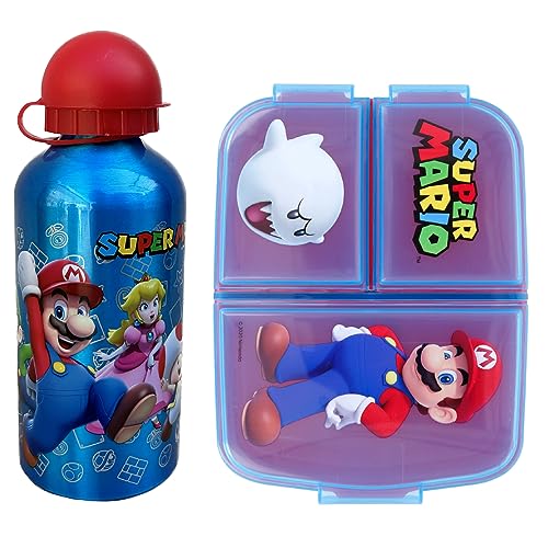 Cartoon Set Pranzo Per Bambini 2 Pezzi Super Mario, Borraccia E Portamerenda 3 Scomparti Senza Bpa, Borraccia In Alluminio 560 Ml E Contenitore Portap