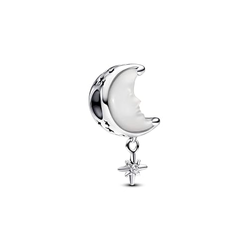 Pandora Moments 793594C01 - Charm A Forma Di Luna E Stella Polare In Argento Sterling Con Zirconi, Compatibile, Weiß, Argento Sterling, Zirconia Cubic