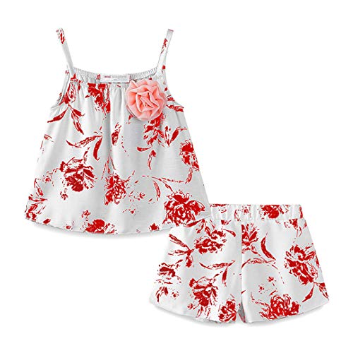 Girls Casual Cotton T-Shirt + Shorts Set Summer Floral Sling Tops And Short 2 Piece Set Red 5T
