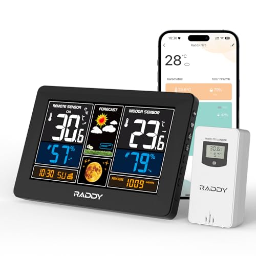 Raddy N75 Stazione Meteo Wi-Fi Con Sensore Esterno, Stazione Meteo Wireless Da 7,5", App Visualizzati Meteo Dati, Orologio Di Rete, Previsioni Del Tem