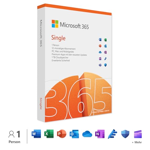 Microsoft 365 Single | 12 Months, 1 User | Word, Excel, Powerpoint | 1Tb Onedrive Cloud Storage | Pcs/Macs & Mobile Devices | Box