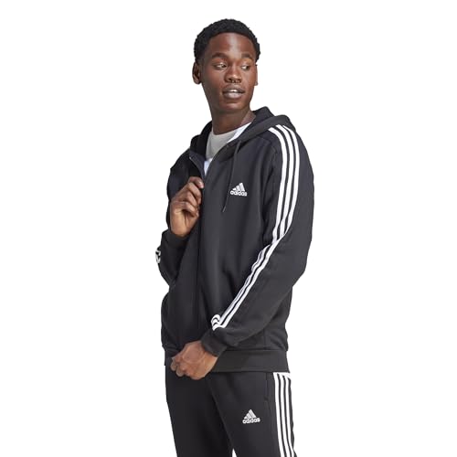 Adidas Essentials Fleece 3 Strisce Full-Zip Top Con Cappuccio, Nero, Xl Uomo